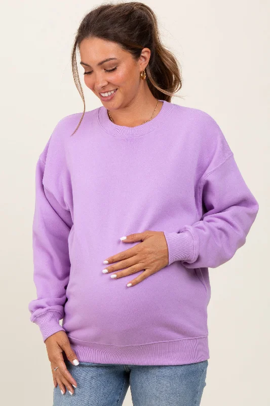 Lavender Fleece Crew Neck Relaxed Fit Maternity Sweatshirt Sporty Hoodie Sweatshirt