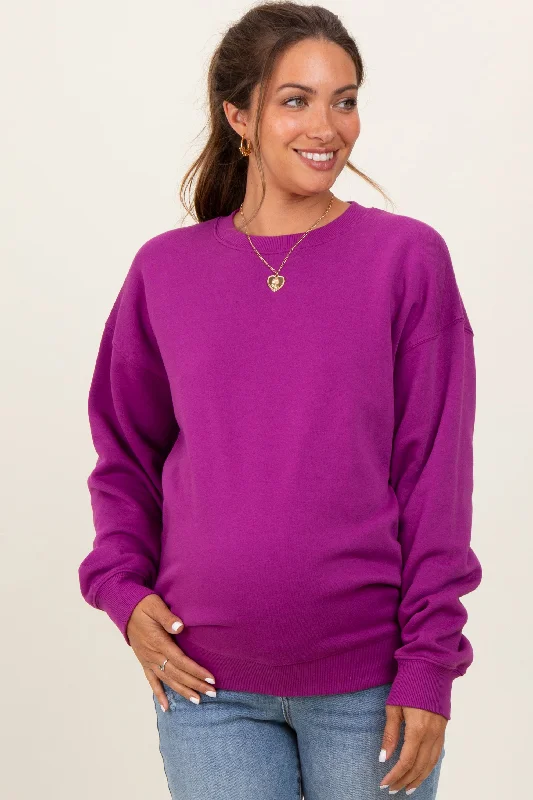 Magenta Fleece Crew Neck Relaxed Fit Maternity Sweatshirt Hoodie Sweatshirt Fashion