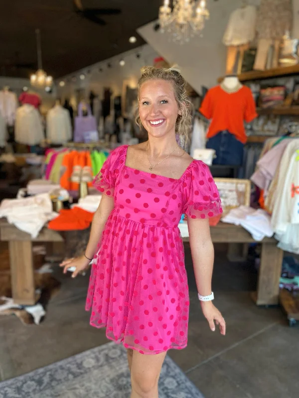 Perfect Polka Dot mesh puff Sleeve Hot Pink lined Dress Designer unclassified dresses