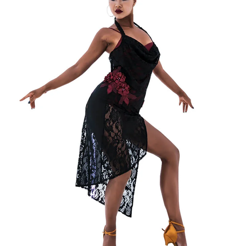 Asymmetric Knee-Length Halter Neck Latin Dress Striped unclassified dresses
