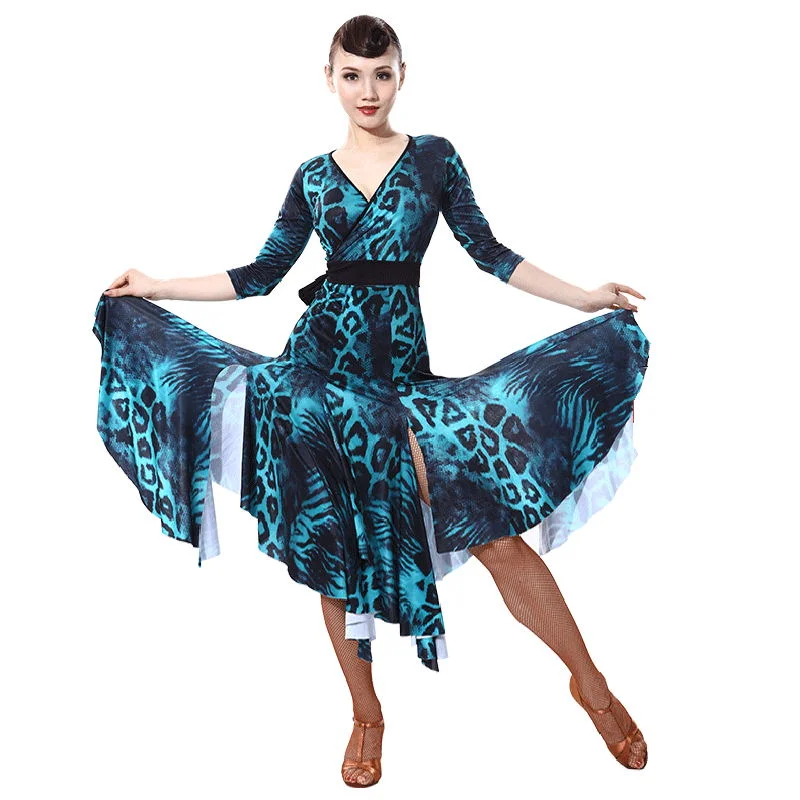 V Neck Leopard Print  Latin Dress with Belt Office unclassified dresses