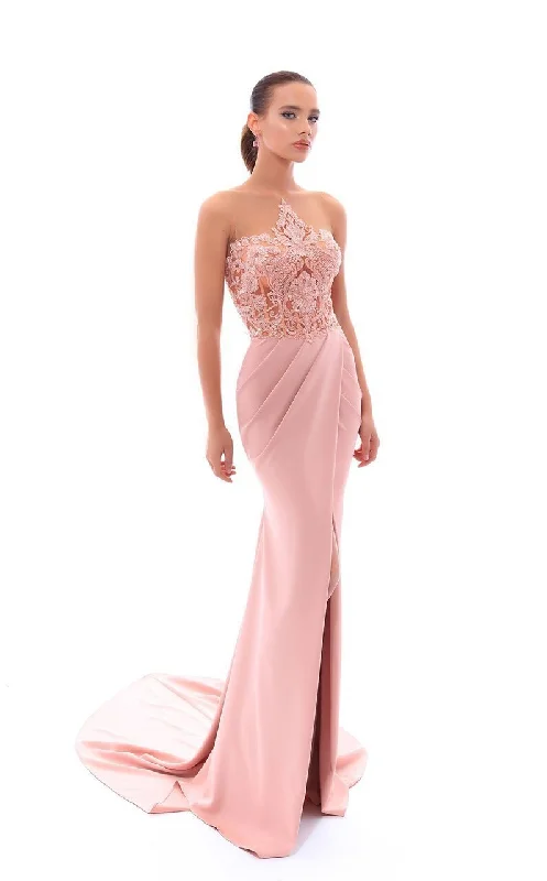 Tarik Ediz Illusion Beaded Floral Lace High Slit Gown 93408 Denim unclassified dresses