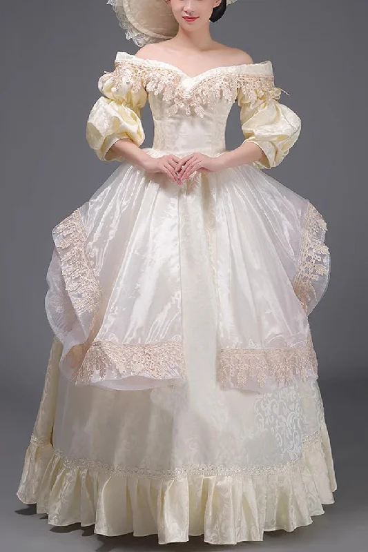 Champagne European Court Half Sleeves Ruffle Sweet Vintage Victorian Strapless Dress Casual unclassified dresses