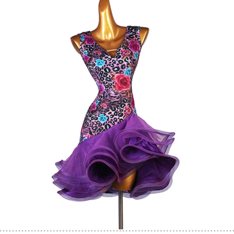 Leopard Print Sleeveless Latin Dress with Flowers A-line unclassified dresses