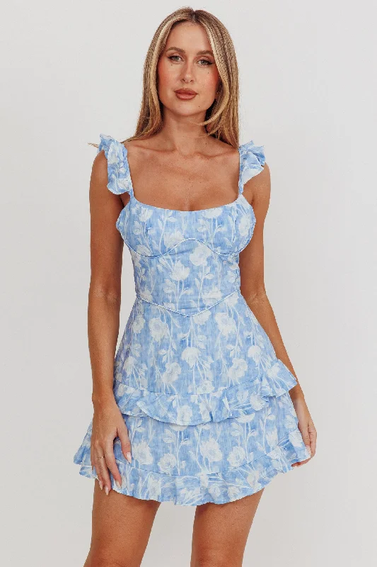 Moonlit Moment Ruffle Trim Lace-Up Back Dress Floral Blue Cotton mini dresses