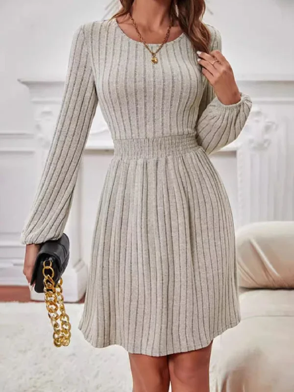 Blue Zone Planet |  Smocked Round Neck Long Sleeve Knee Length Dress Best maxi dresses for date night