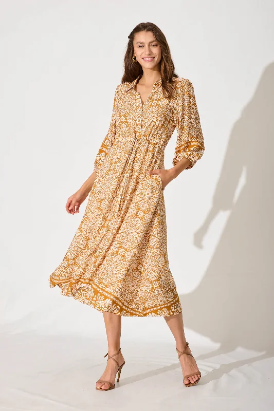 Heatherfield Midi Shirt Dress In Mustard Floral Tile Print Cheap midi dresses