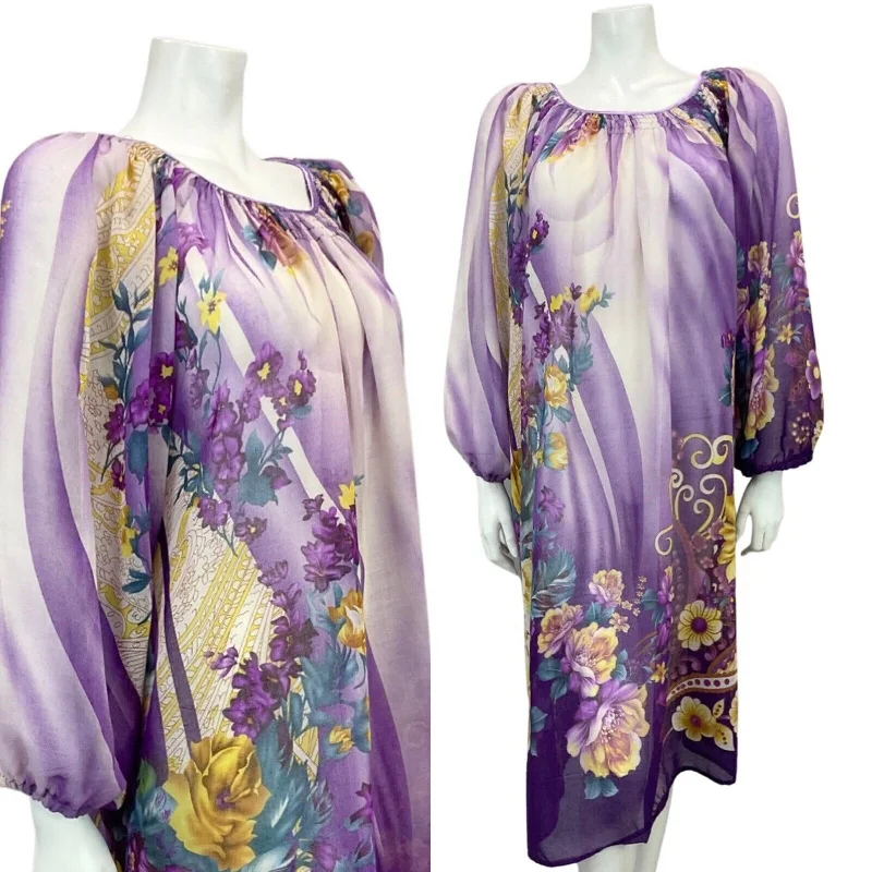 VINTAGE 60s 70s PURPLE LILAC YELLOW FLORAL BOHO SHEER MIDI DRESS 10 12 14 16 18 Revolve midi dresses