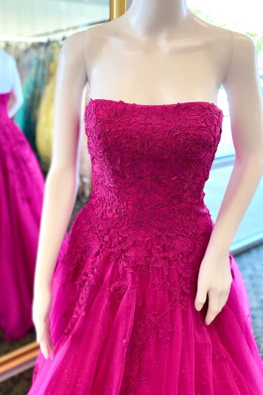 A-Line Strapless Fuchsia Appliques Long Formal Dress Long Boho Skirt