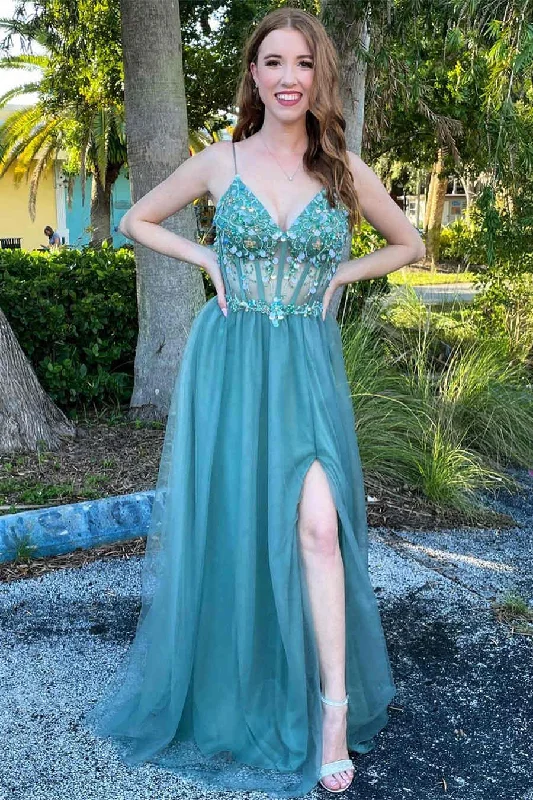A-Line V-Neck Teal Beaded Long Prom Dress with Slit Satin Maxi Skirt