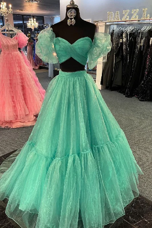Green Two-Piece Puff Sleeves Pleated Organza Long Prom Dress Maxi Skirt Style