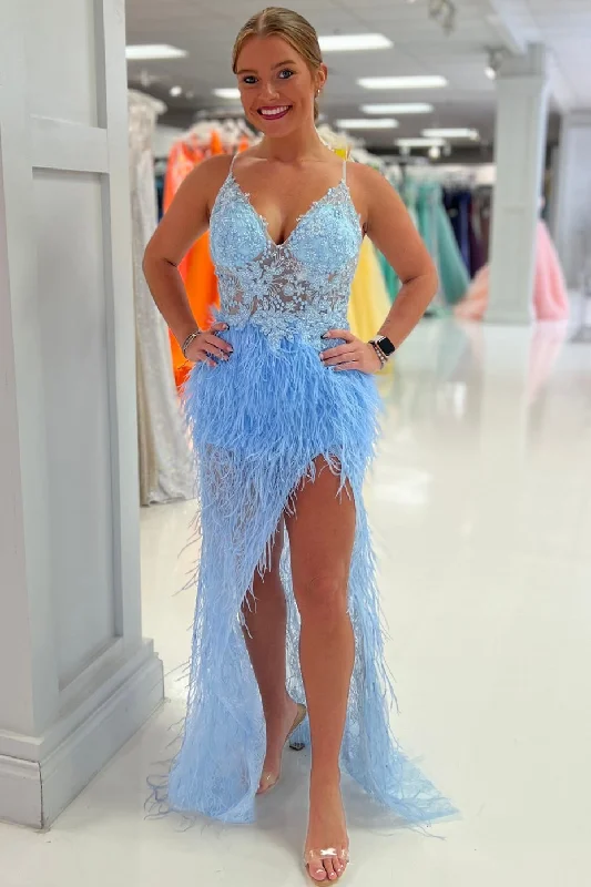 Sky Blue Mermaid Feathers Straps Beaded Appliques Long Prom Dress with Slit Button-down Maxi Skirt