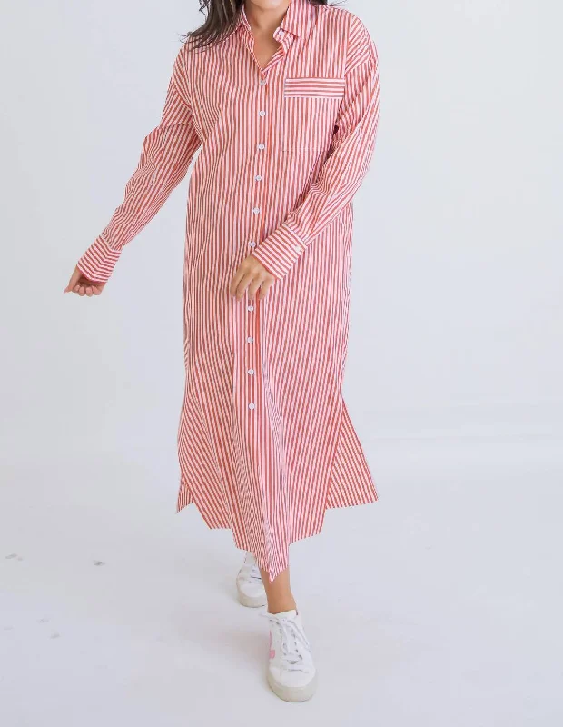 Stripe Poplin Pocket Maxi Shirt Dress In Orange High-Low Maxi Skirt